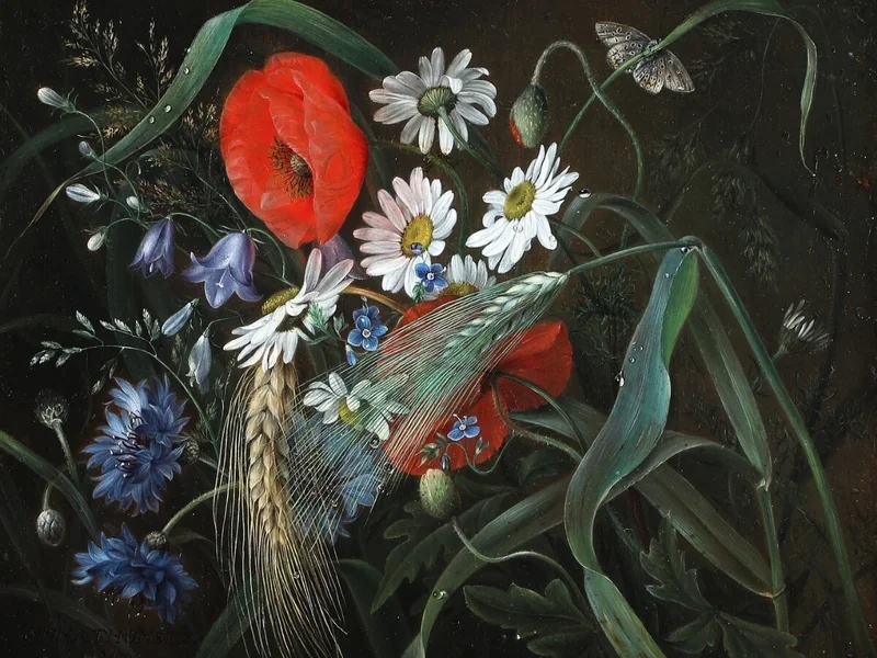 1820-Emma Augusta Thomsen - Natura morta con farfalla e fiori